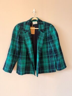 Vintage Carlisle Green & Blue Plaid Wool Open Front Blazer Size 10 / Medium